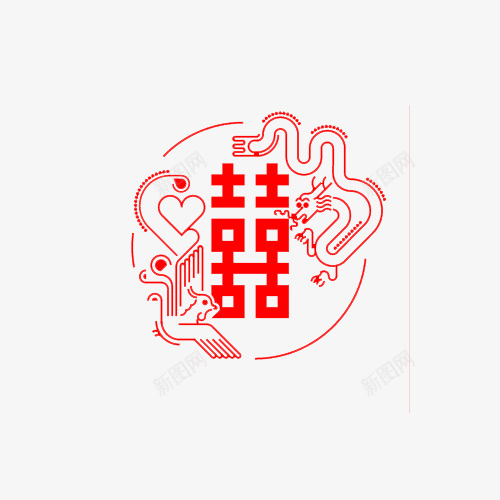 卡通手绘双喜龙凤飞舞png免抠素材_88icon https://88icon.com 动漫动画 卡通手绘 双喜 红色 艺术 龙凤飞舞