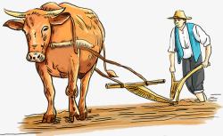 开荒黄牛带着农具在黄土地拉着农民耕高清图片