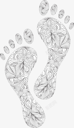 脚印指纹黑白花朵树叶组成的人类脚印高清图片