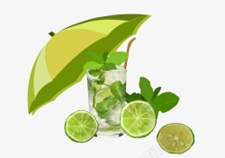 叶子伞绿色清新柠檬果茶插画高清图片