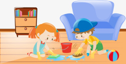 卡通插图两个小孩擦地板素材
