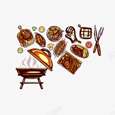 烧烤工具手绘复古烧烤图标图标