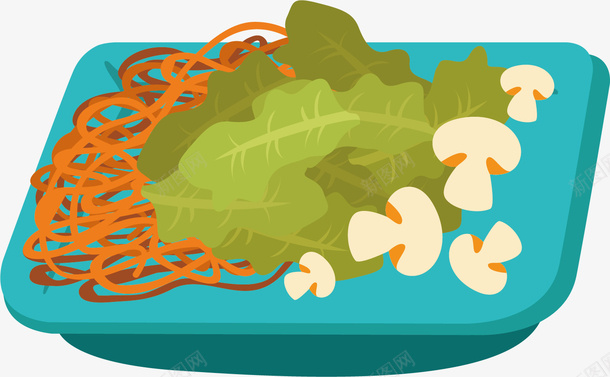 蓝盘子里丰盛的饭菜矢量图ai免抠素材_88icon https://88icon.com 白菜 美味 蓝色 蘑菇 面条 食物 食用 矢量图
