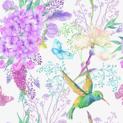 手绘飞鸟和彩色花素材