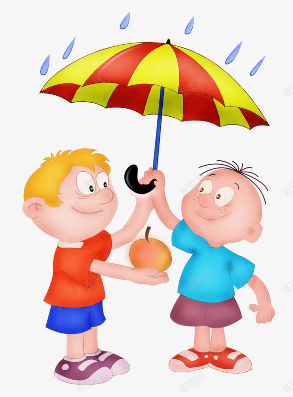 小男孩让苹果png免抠素材_88icon https://88icon.com 两个男孩 卡通男孩 卡通苹果 卡通雨伞 孔融让梨 撑伞 让伞 让苹果