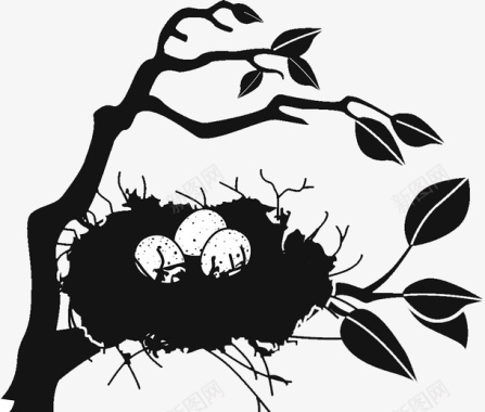 黑白装饰插图树上的鸟窝图标图标
