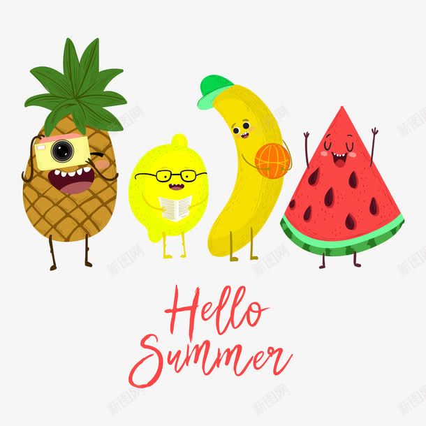 欢乐可爱的夏季水果创意插画png免抠素材_88icon https://88icon.com 凤梨 夏日水果 手绘 柠檬 菠萝 西瓜 香蕉