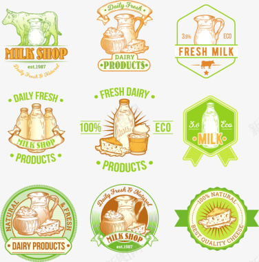 牛奶手绘奶制品标签矢量图图标图标