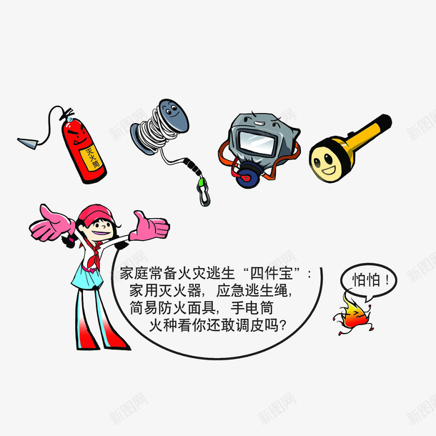 卡通介绍家庭火灾逃生四件宝png免抠素材_88icon https://88icon.com 安全教育日 家庭逃生工具 应急逃生绳 我的家人 手电筒 救火工具 灭火器 防火安全教育 防火面具