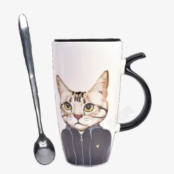 可爱咖啡杯创意文艺猫咪带盖勺子杯高清图片