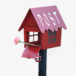 房子邮筒小清新实物红色邮筒和花朵图高清图片