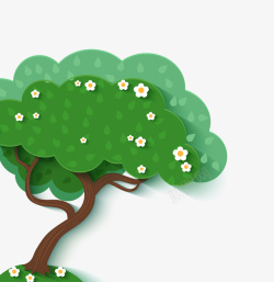 卡通绿色大树点缀花朵素材
