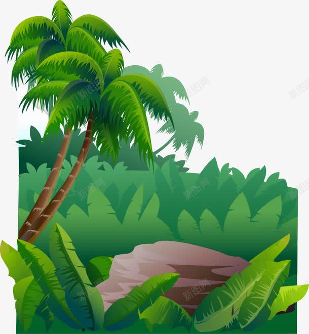 卡通手绘翠绿椰树丛林石头png免抠素材_88icon https://88icon.com 卡通的风景 堆石块 平面丛林 手绘的椰树 矢量风景 绿色的丛林