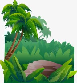 平面风景素材卡通手绘翠绿椰树丛林石头高清图片
