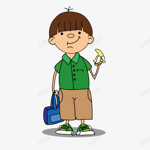 吃着香蕉的男孩矢量图ai免抠素材_88icon https://88icon.com 卡通人物 卡通头型 开学季 拿着手提包的男孩 矢量图 绿色衬衫 西瓜头