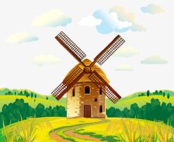 卡通手绘复古城堡风车房子背景装矢量图素材
