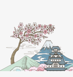 美丽樱花卡通手绘日本富士山樱花树装高清图片