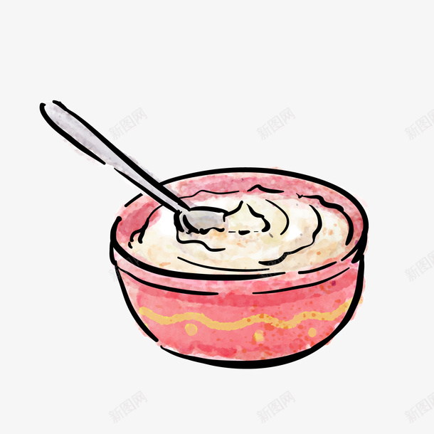水彩绘酸奶png免抠素材_88icon https://88icon.com 勺子 卡通酸奶 水彩绘 红色小碗 背景装饰 食物