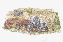 手绘插图农地机械耕种素材