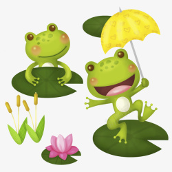 卡通荷叶上撑伞青蛙素材