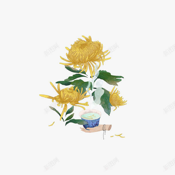 卡通菊花下手拿杯子的手png免抠素材_88icon https://88icon.com 冒热气的茶 手绘插画 手绘菊花 赏菊 重阳节