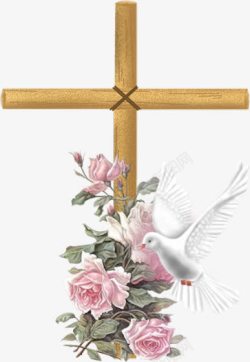 十字架和平鸽红色花朵素材