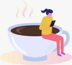 卡通女人坐在咖啡杯上手绘卡通女人坐在咖啡杯上读书高清图片