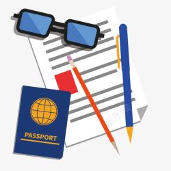 手绘护照出国护照和眼镜简图高清图片
