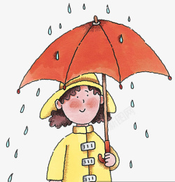 手绘雨衣手绘可爱插画撑伞穿雨衣的女孩高清图片