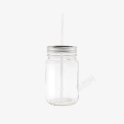带吸管透明玻璃带一根吸管的广口瓶实物高清图片