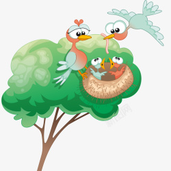卡通树木上的小鸟家庭矢量图素材
