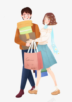 逛街人物手绘双十一情侣购物高清图片