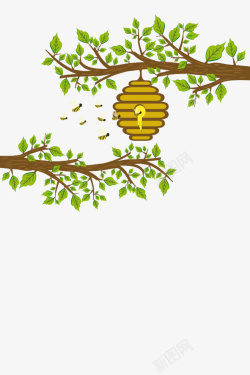 手绘插图树枝叶与蜜蜂和蜂巢素材