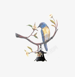 手绘风铃手绘树枝风铃与鸟装饰高清图片