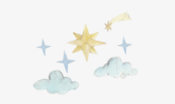 彩铅手绘插图蓝天白云流星手绘高清图片