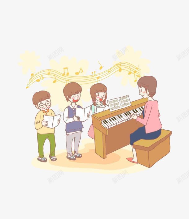 老师教小朋友弹钢琴png免抠素材_88icon https://88icon.com 卡通 小朋友 钢琴 音乐
