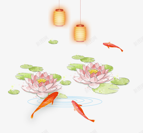 手绘荷花装饰图案psd免抠素材_88icon https://88icon.com 卡通手绘 小清新 灯笼 节日图案 荷花 金鱼