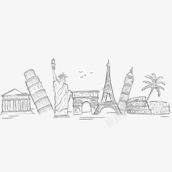艾菲尔铁塔手绘城市建筑线稿高清图片