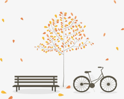 秋天落叶单车长凳矢量图素材