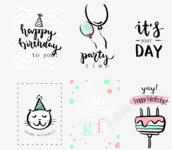 猫手绘6款手绘生日快乐卡片矢量图高清图片