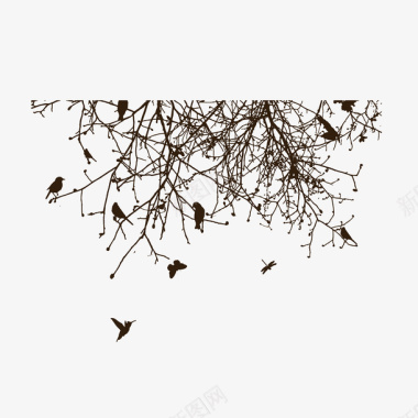 树枝雪花小鸟小鸟枯树枝线稿图标图标
