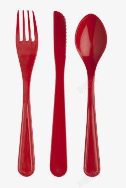 红色勺子叉子刀子塑胶制品实物素材