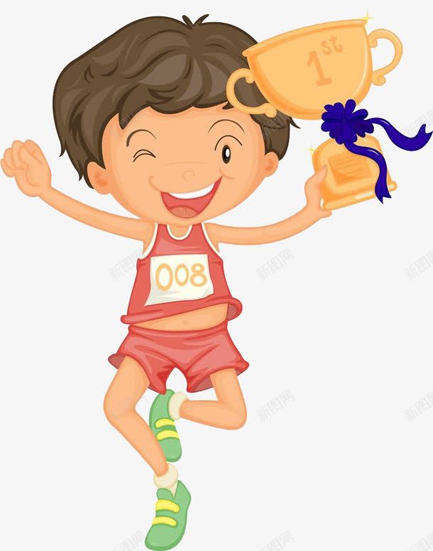 小孩跑步拿奖杯png免抠素材_88icon https://88icon.com 准备起跑 卡通 奖杯 获奖 跑 跑步