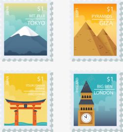 四张彩色旅游纪念邮票素材