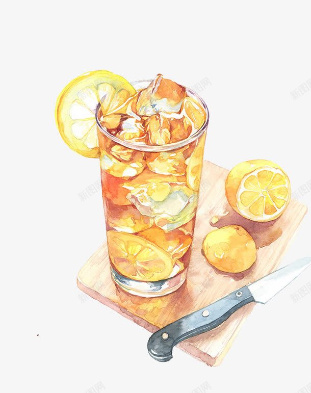 柠檬红茶png免抠素材_88icon https://88icon.com 冰块 卡通 手绘 柠檬 柠檬红茶 玻璃杯 红茶 菜板