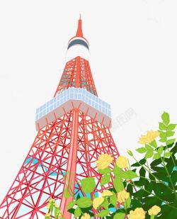 红色铁塔红色东京铁塔鲜花围绕高清图片