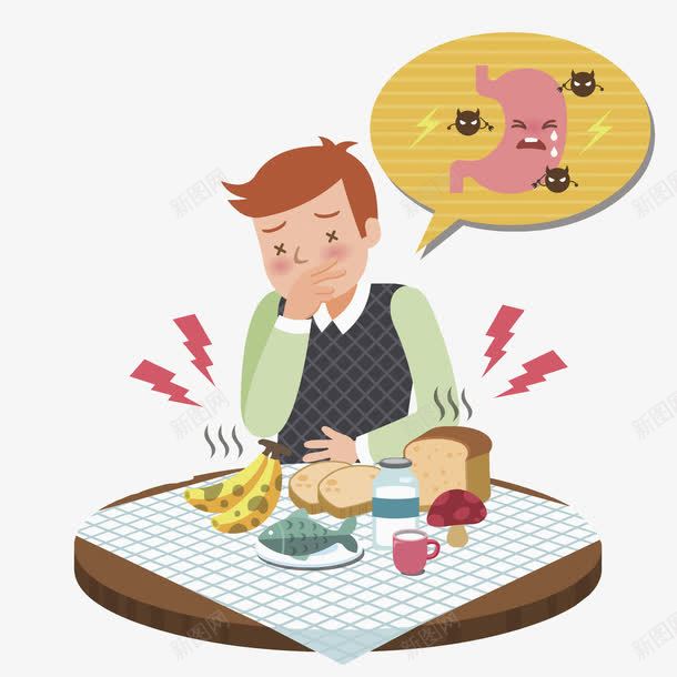 吃坏肚子的男人png免抠素材_88icon https://88icon.com 卡通 手绘 插图 桌上 男人 胃痛 难受的 食物