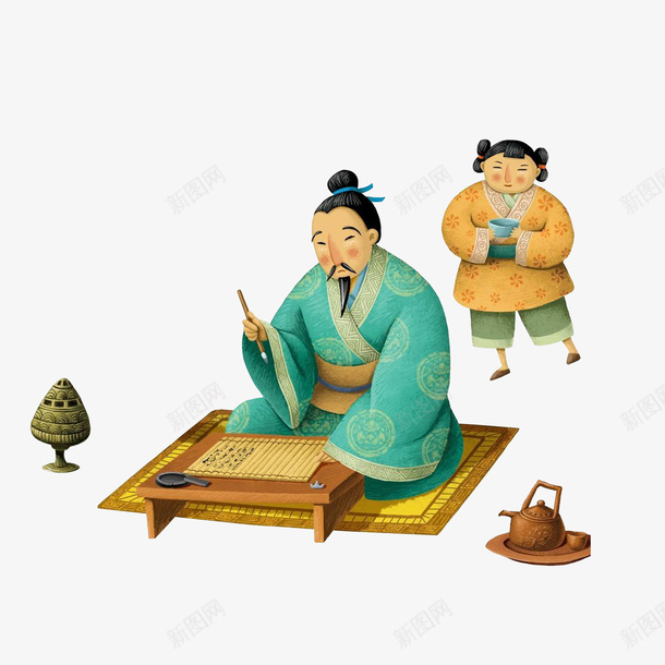 卡通古代小孩给写字的父亲端茶水png免抠素材_88icon https://88icon.com 古代人 古代卡通人 古风 手绘香炉 老爸插画 茶壶 蹲着茶水的小孩 香炉