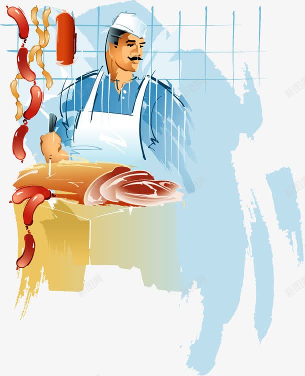 食品餐饮类型插画图png免抠素材_88icon https://88icon.com 厨师 肉食 蓝色背景 香肠