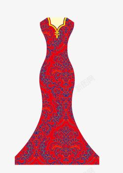 红色中国风青花图案旗袍素材